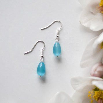 Сережки Котяче Око Крапля блакитний синт, фур-ра гіп-ний сплав колір срібло d-11х8мм L-32мм OMG-SH-1592 фото
