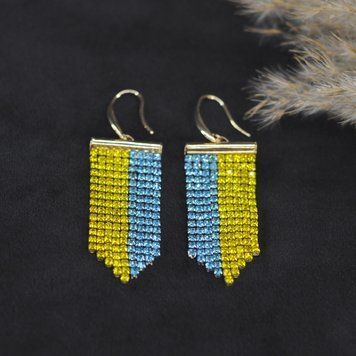 Стразові сережки каскад "Україна" шир.-20мм вис.-70мм колір фурнітури золото OMG-0172 фото